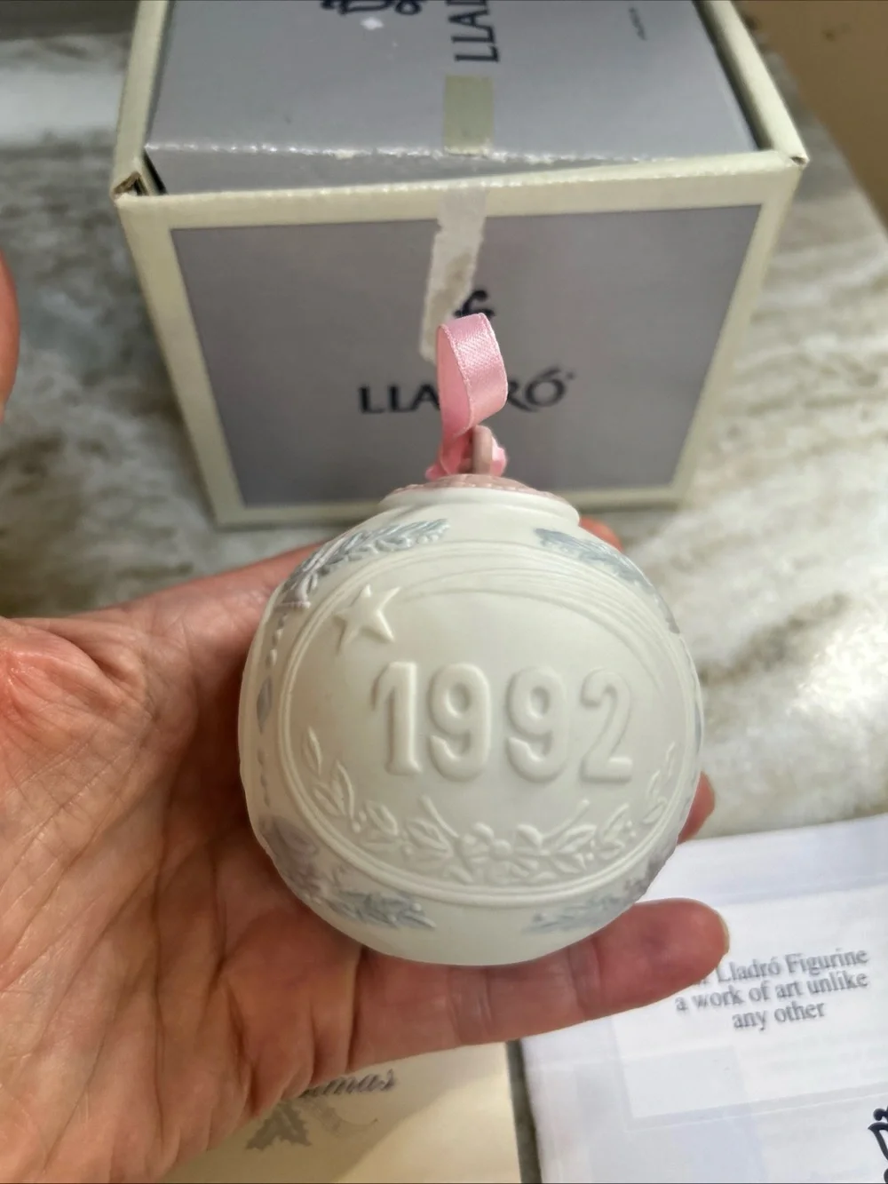 Lladró Porcelain Christmas Ball Ornament 1992 In Original Box Pink Ribbon papers
